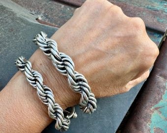 CHOOSE ONE: Vintage Heavy 925 Sterling Silver Rope Chain Bracelet w/ Bar Toggle Closure