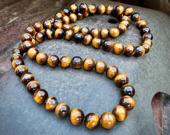 Vintage Tigers Eye Gemstone Bead Necklace Approx 32”, Barrel Clasp, Statement Jewelry