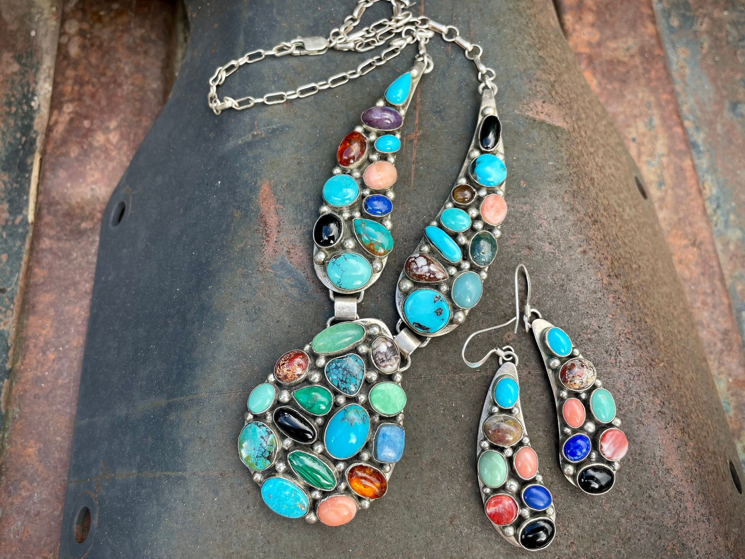 Navajo Emer Thompson Lariat Necklace MultiGemstone w/ Earrings, Native American Jewelry Set