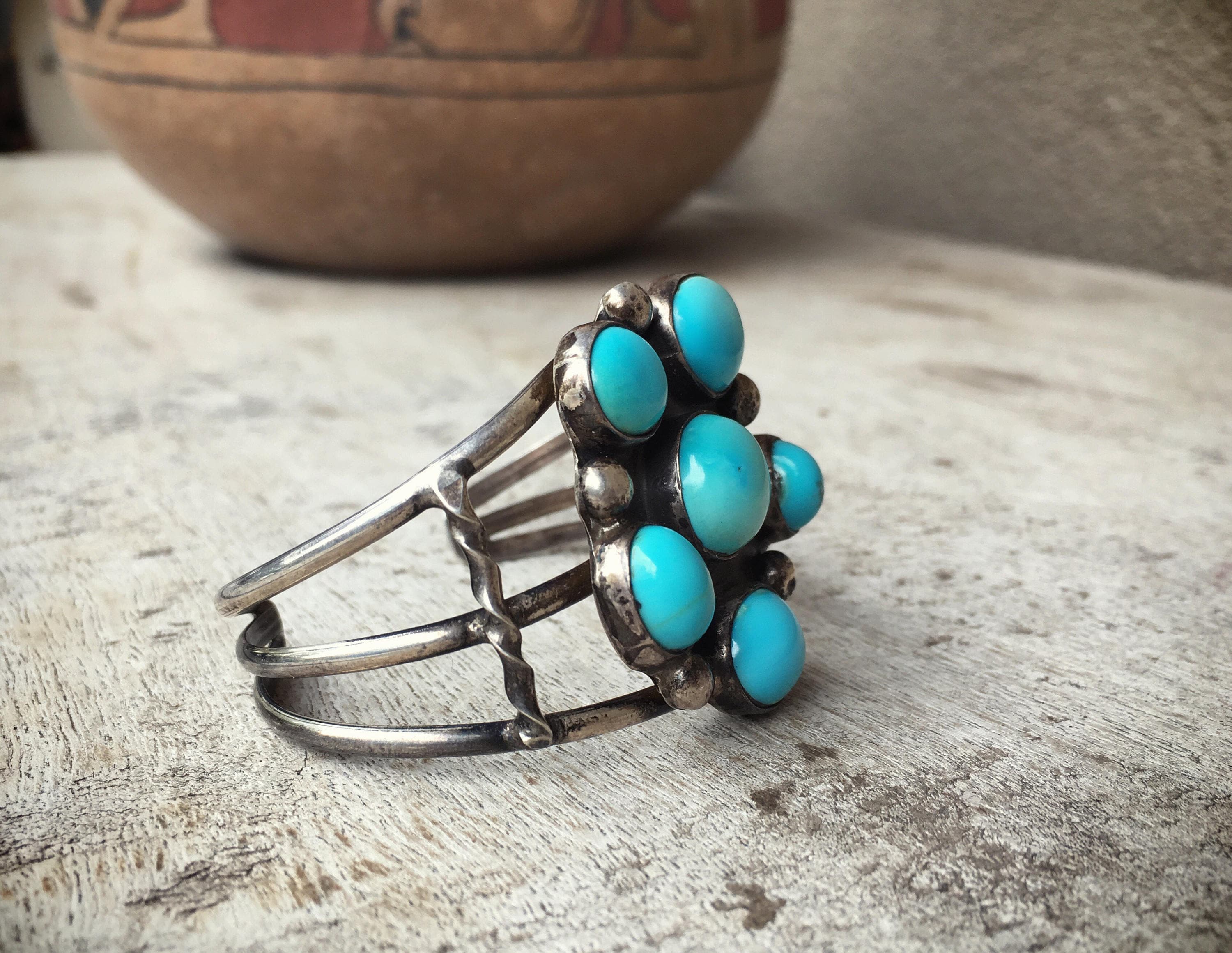 Vintage Turquoise Bracelet for Women w/ Small Wrist, Signed Navajo  Turquoise Cluster Cuff