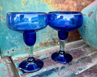 Pair of Vintage Mexican Blown Blue Glass Drinkware for Margaritas, Clear Stem, Southwestern Decor