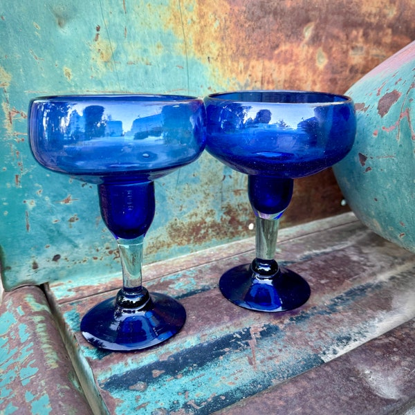 Pair of Vintage Mexican Blown Blue Glass Drinkware for Margaritas, Clear Stem, Southwestern Kitchen Decor, Drinkware for Couple Two