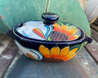 Talavera Lily and Sunflower Holder with Spoon Slot White Yellow Blue, Southwestern Kitchen Decor