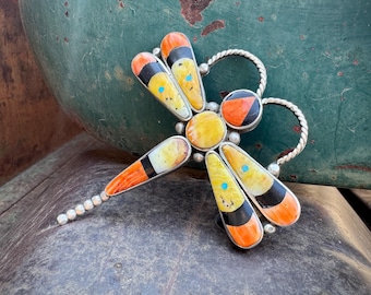 Sterling Silver Spiny Oyster Dragonfly Pendant Brooch, OPTIONAL Navajo Pearls Necklace 24"