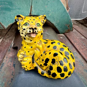 Vintage Molded Ceramic Baby Leopard Sculpture Yellow Black Spots, Giovanni Ronzan Style