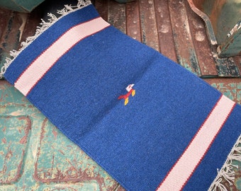 Vintage Handwoven Zapotec Table Mat or Small Rug Approx 14" x 24" in Blue with Red Yellow, Wall Tapestry Weaving, Southwestern Decor,