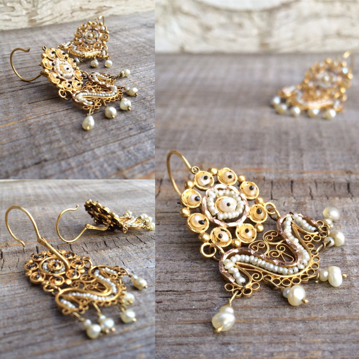 Earrings of mexican silver in filigree with flowers, silver and gold–  Mexiarts