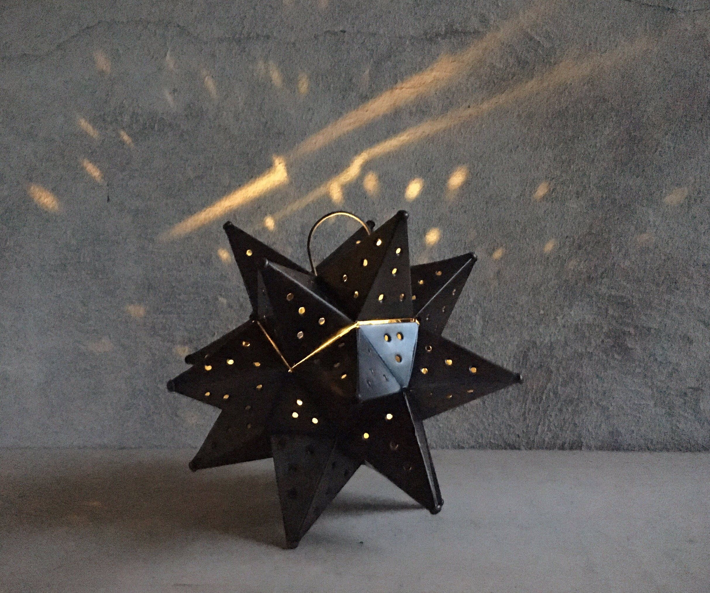 Vintage punched metal star candle holder, Moravian star light, rustic