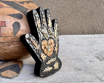 Small Wooden Milagros Hand 5" Tall Wall Hanging, Vintage Mexican Folk Art Miracle Charms