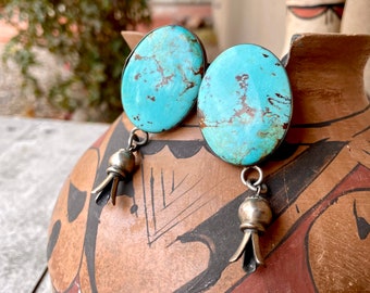 Vintage Huge Slab Turquoise Earrings in Sterling Silver Bezels with Dangling 3D Squash Blossom