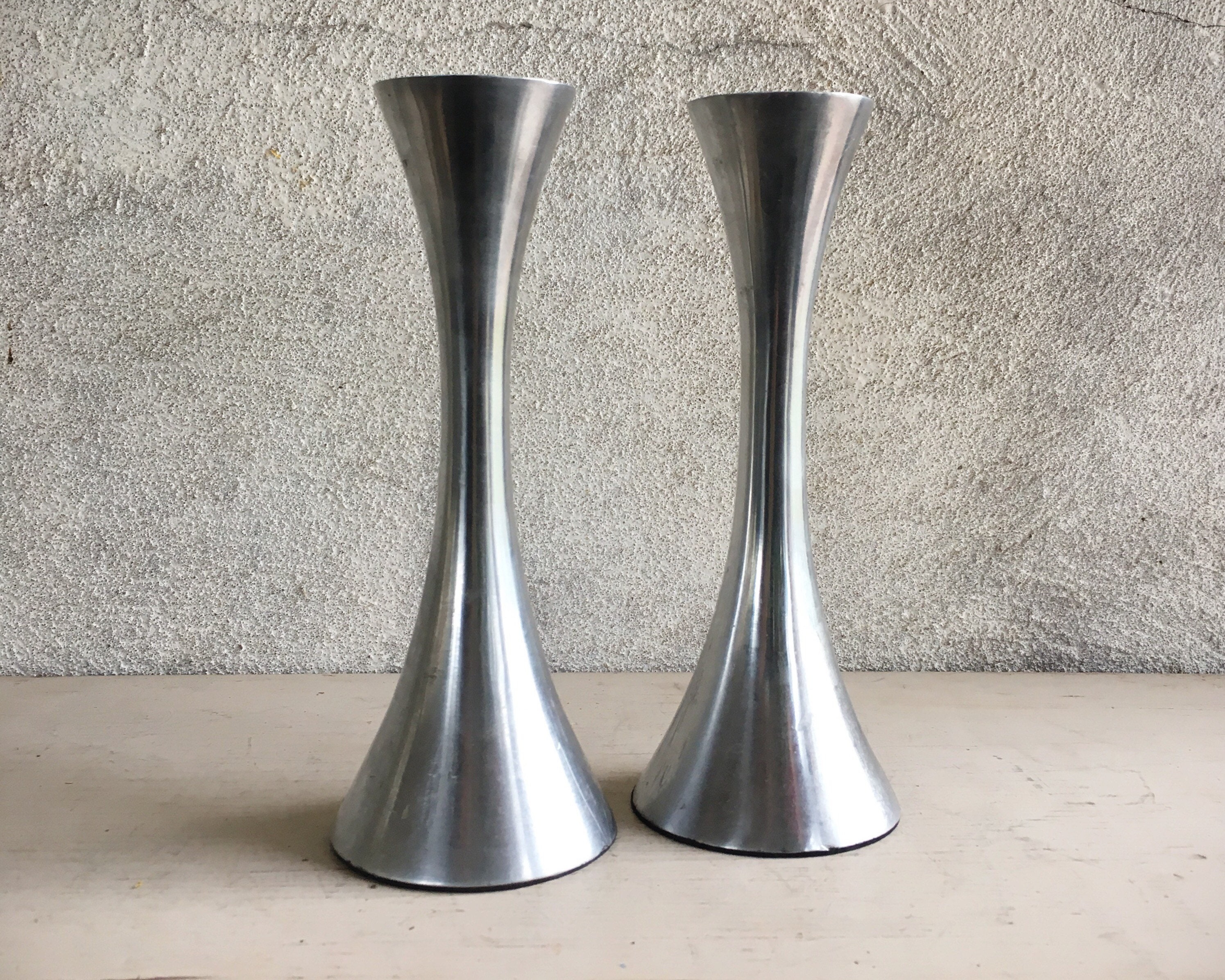 Midcentury Modern Silver Metal Candlestick Holders Tapered