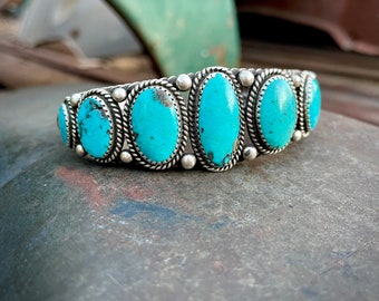 Vintage Seven Stone Turquoise Row Bracelet Size 6-3/8" (Cracked Stone), Navajo Cuff Native American