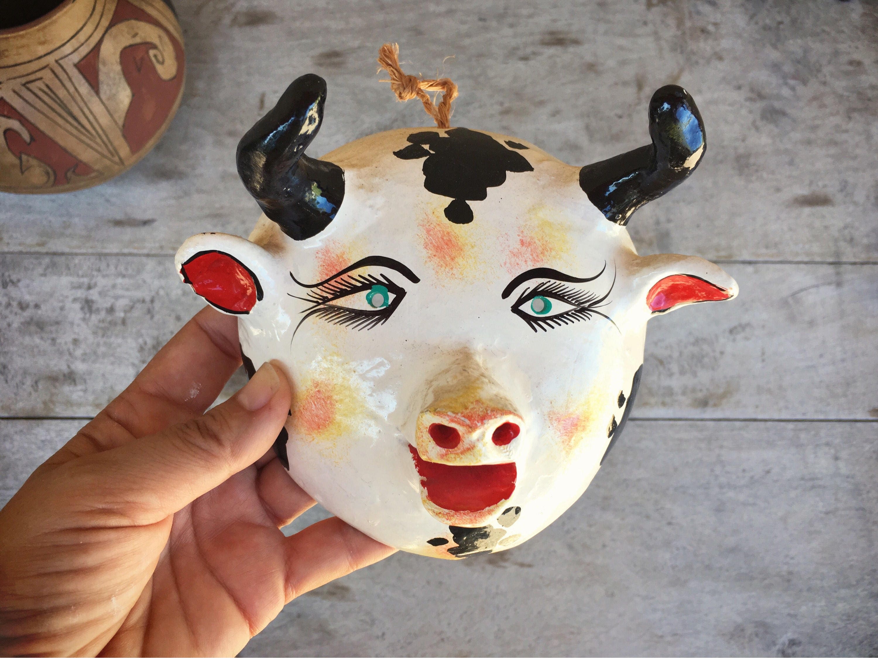 Vintage Mexican folk art bull mask made with coconut shell handpainted