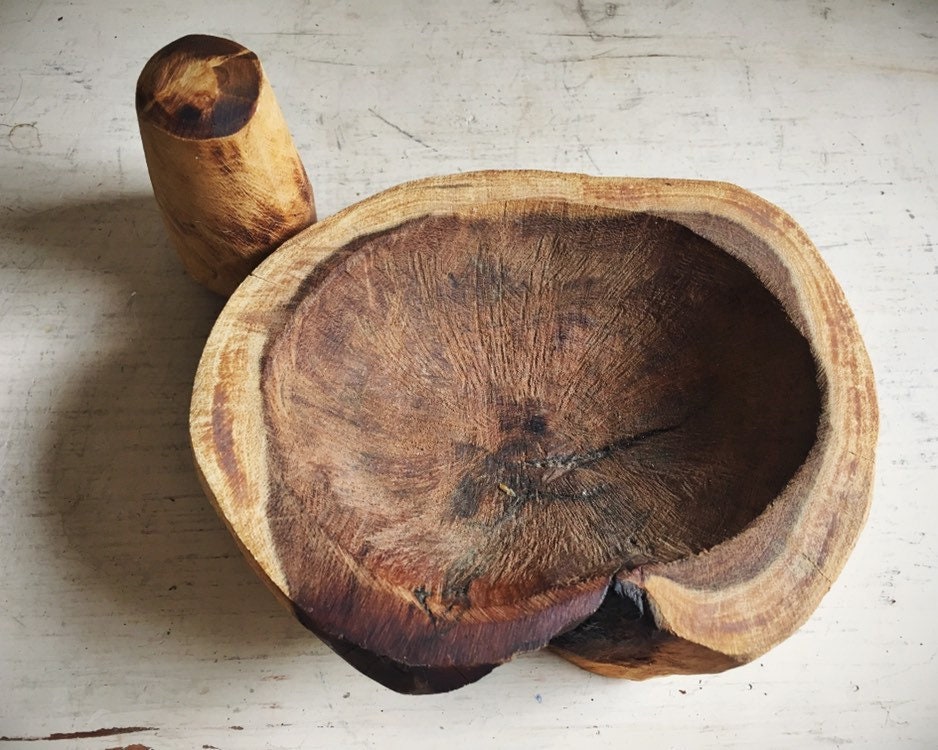 Vintage Burl Wood Grinding Bowl or Metate y Mano Mexican Mortar and