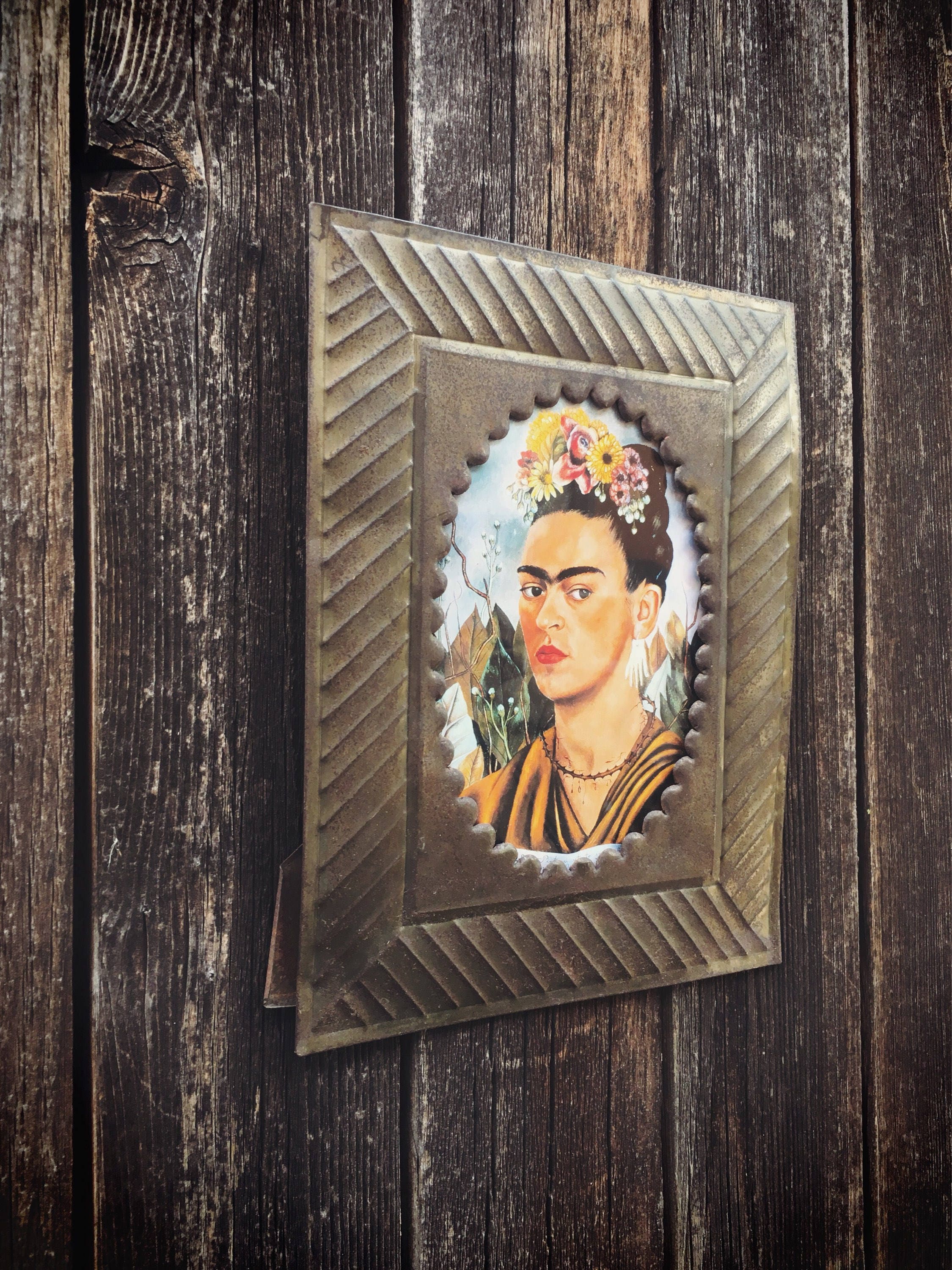 Mexican Tin Picture Frame with Frida Kahlo Postcard, Frida Art, Mexican