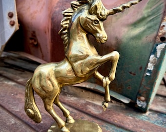 Vintage Brass Unicorn Figurine 8" Tall, Medium-Large Size, Hollywood Regency Brass Decor