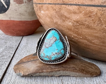 Vintage Turquoise Ring Approx Size 10.5, Guitar-Shaped Stone with Gray Inclusions