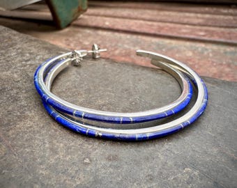 Blue Lapis Lazuli Hoop Earrings Approx 2.375 Dia, Southwestern Jewelry, Rodeo Style