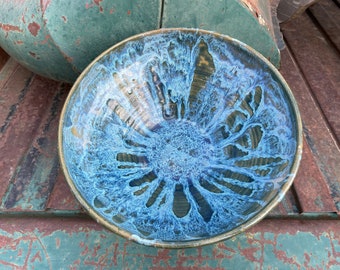 9.75" Vintage Art Studio Pottery Bowl Blue Drip Raku, 1970s Home Decor, Centerpiece for Table