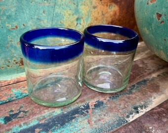 Pair of Vintage Mexican Glass Small Tumblers Clear with Blue Rim, Hand Blown with Bubbles