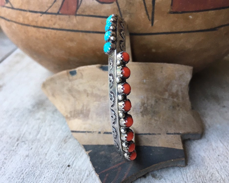 Vintage Carinated Coral and Turquoise Cuff Bracelet, Signed Navajo ...
