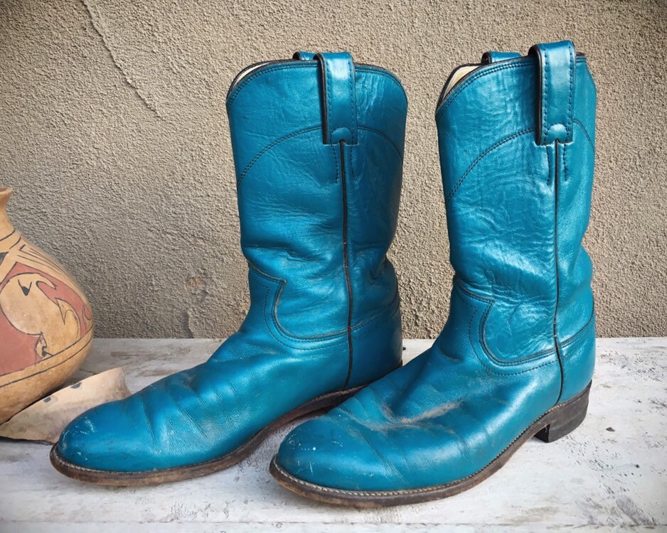 Vintage Distressed Blue Cowboy Boots Women's Size 7.5 B Roper Style Cowgirl Boot, Round Toe