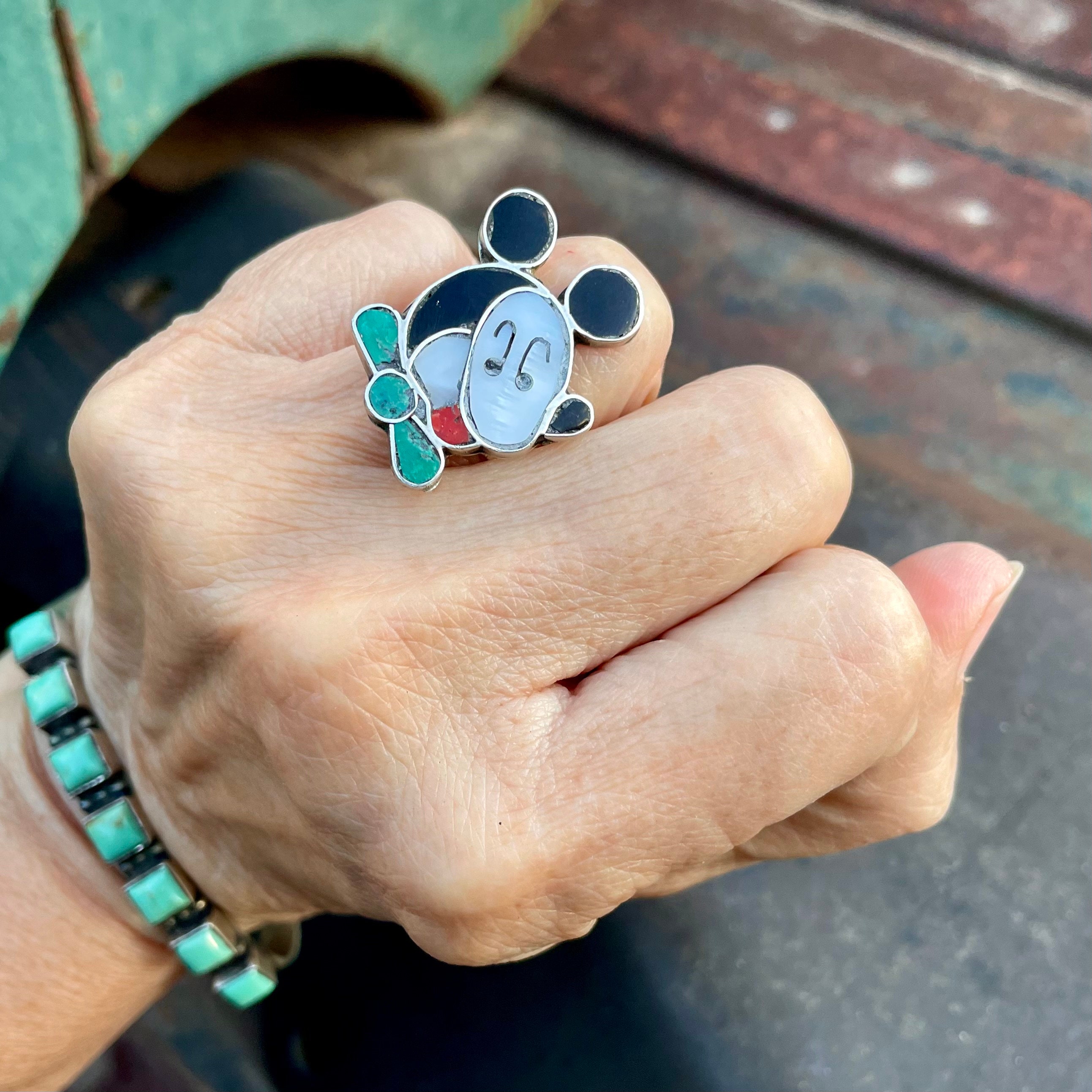 Whimsical Native American Zuni Coral Sterling Silver Mickey Mouse Ring Whimsical Native American Zuni Coral Sterling Silver Mickey Mouse Ring