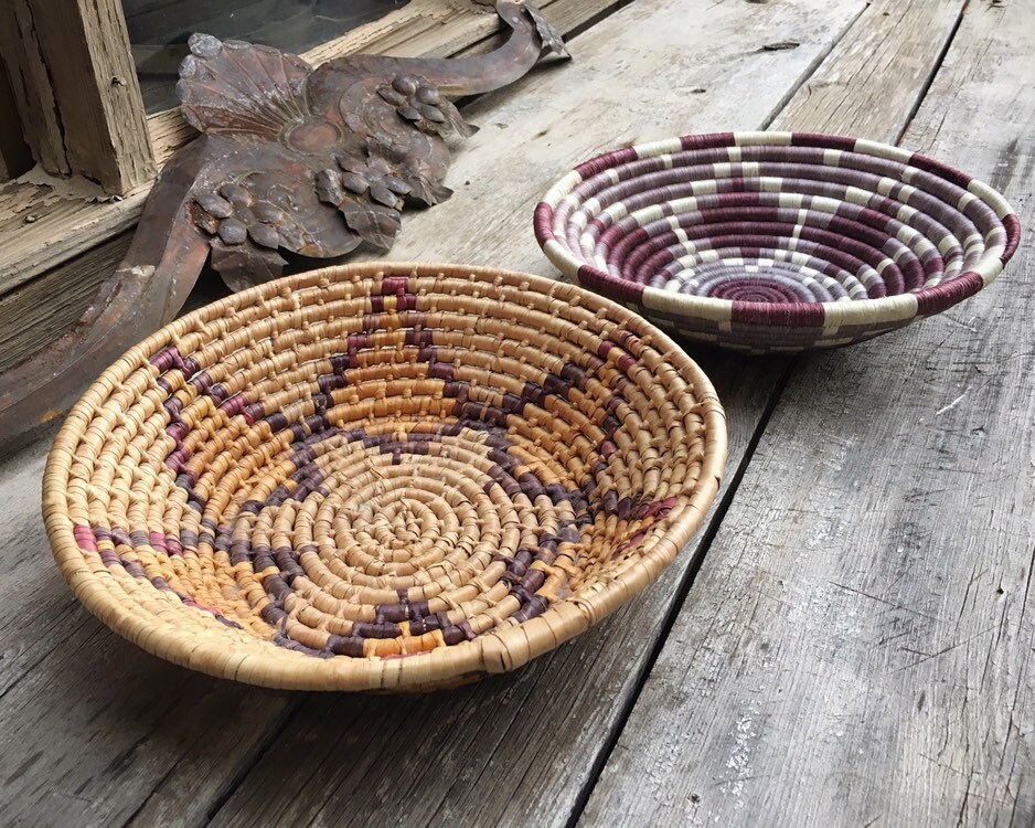 Coiled Basket Bowl, Bohemian Decor, Native Style Woven Flat