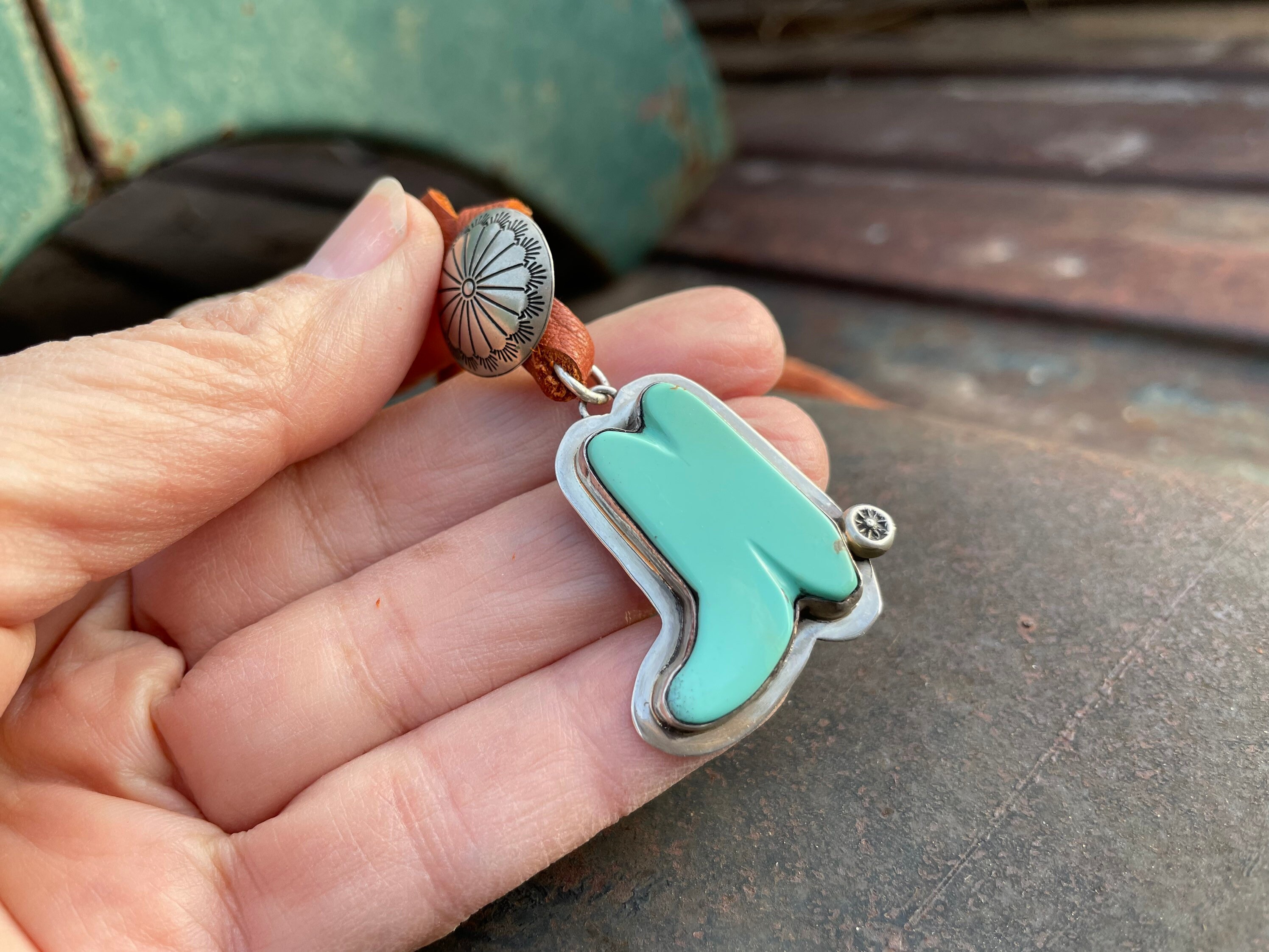 Sterling Silver Kingman Turquoise Cowboy Boot Pendant – Handmade by Artist Shay Pfeiffer