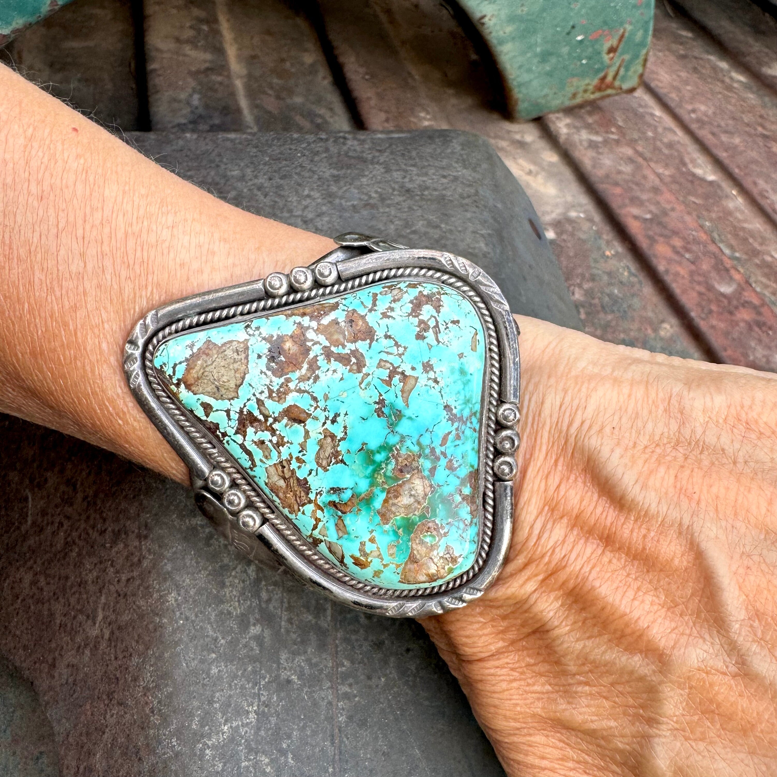 Gigantic Vintage Native American Navajo Triangular Turquoise Sterling Silver Bracelet Gigantic Vintage Native American Navajo Triangular Turquoise Sterling Silver Bracelet