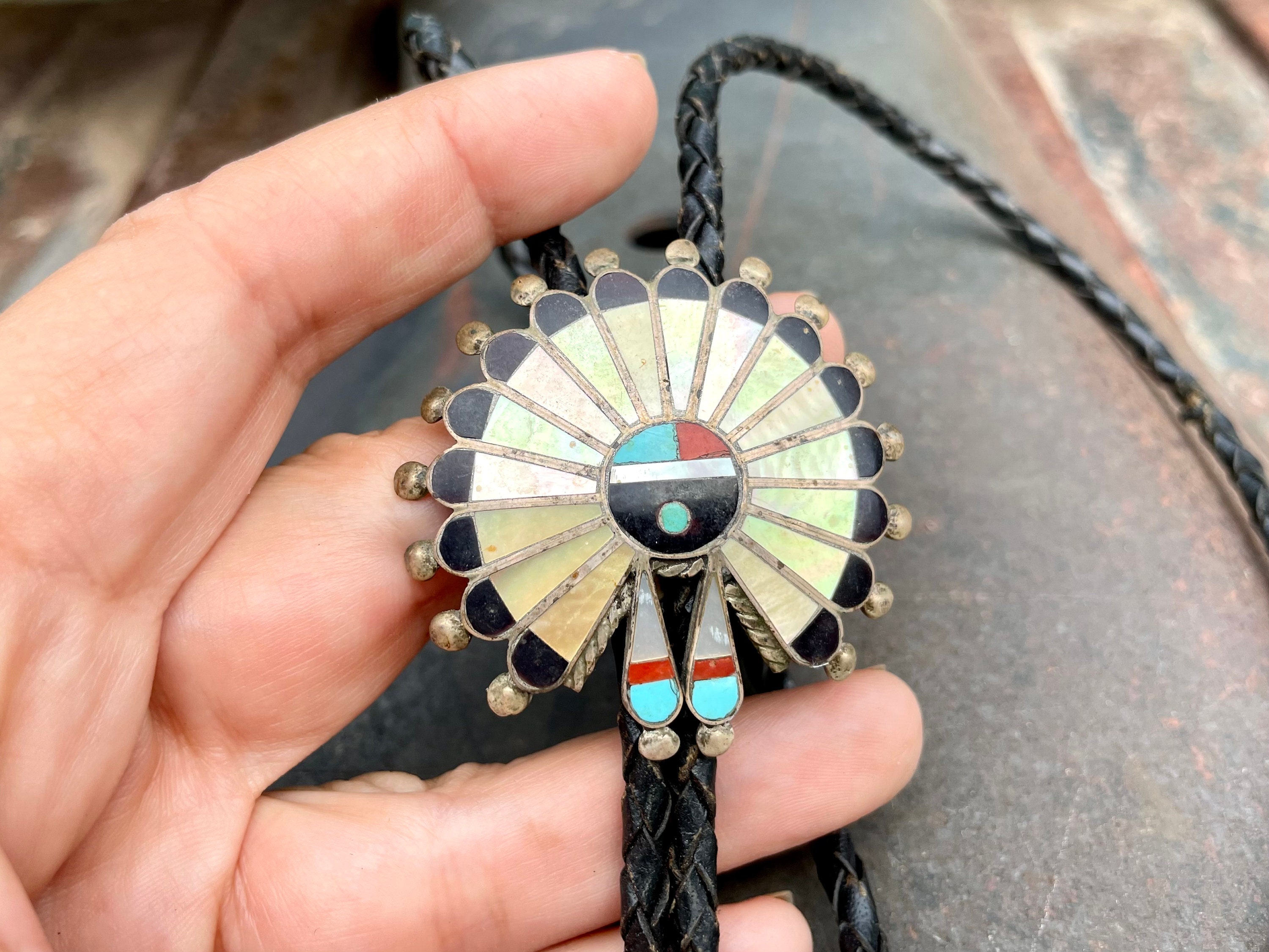 Striking Vintage Zuni Native American Turquoise Inlay Sterling Silver Bolo Tie Striking Vintage Zuni Native American Turquoise Inlay Sterling Silver Bolo Tie