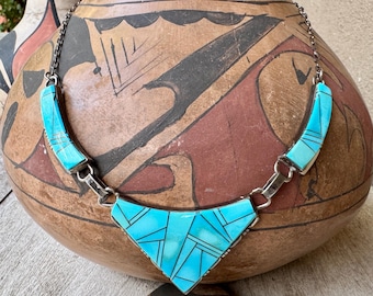 Vintage Blue Turquoise Bib Necklace 19.25" Channel Inlay Sterling Silver w/ Chain, Zuni Style