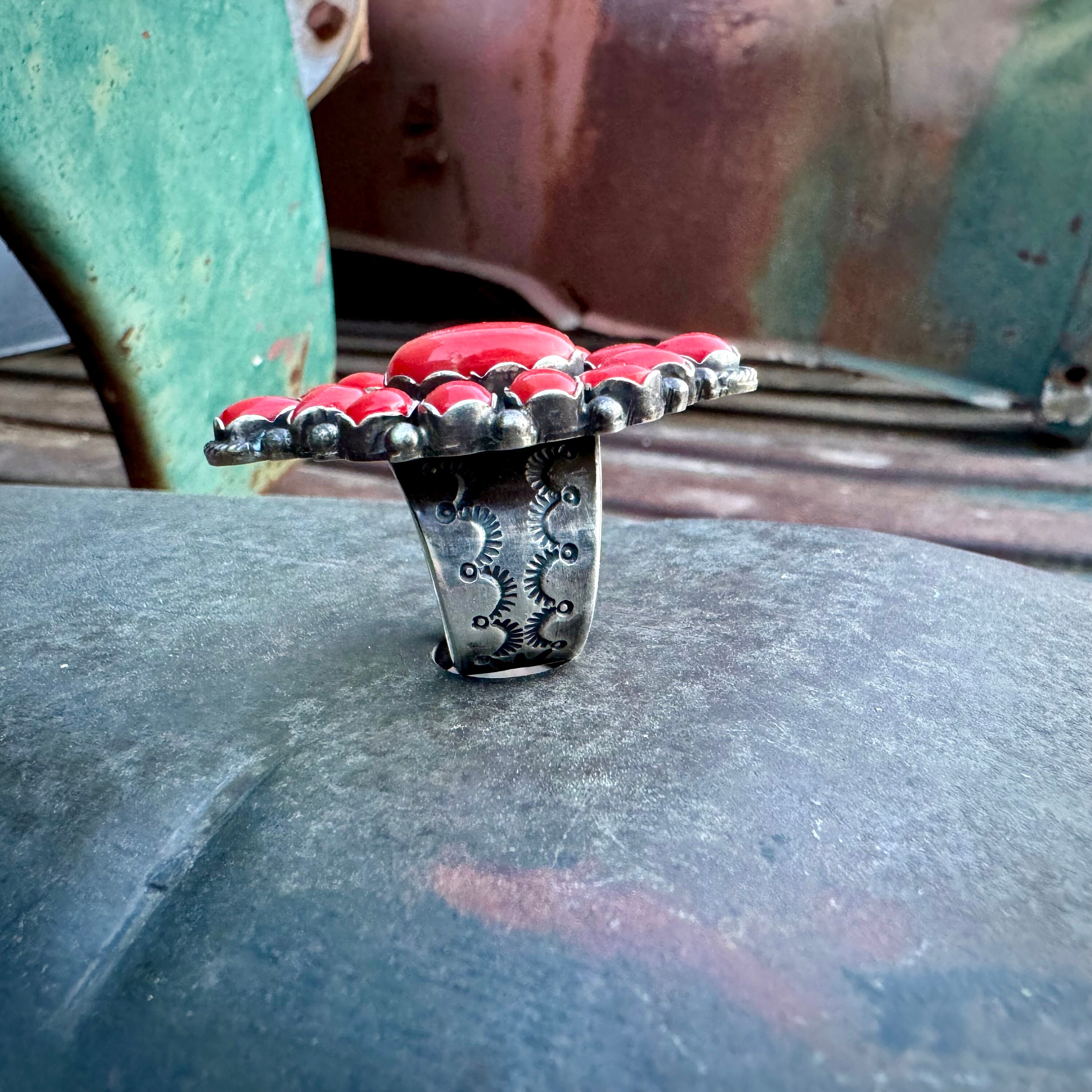 Detailed Museum Vintage Native American Navajo Coral Sterling Silver Hogan Bracelet Detailed Museum Vintage Native American Navajo Coral Sterling Silver Hogan Bracelet