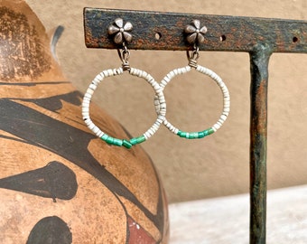 Vintage Turquoise & White Shell Heishi Screwback Earrings, Native American Indian Santo Domingo