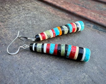 Mismatched Multistone Heishi Earrings by Santo Domingo Pula Calabaza, Native American Jewelry