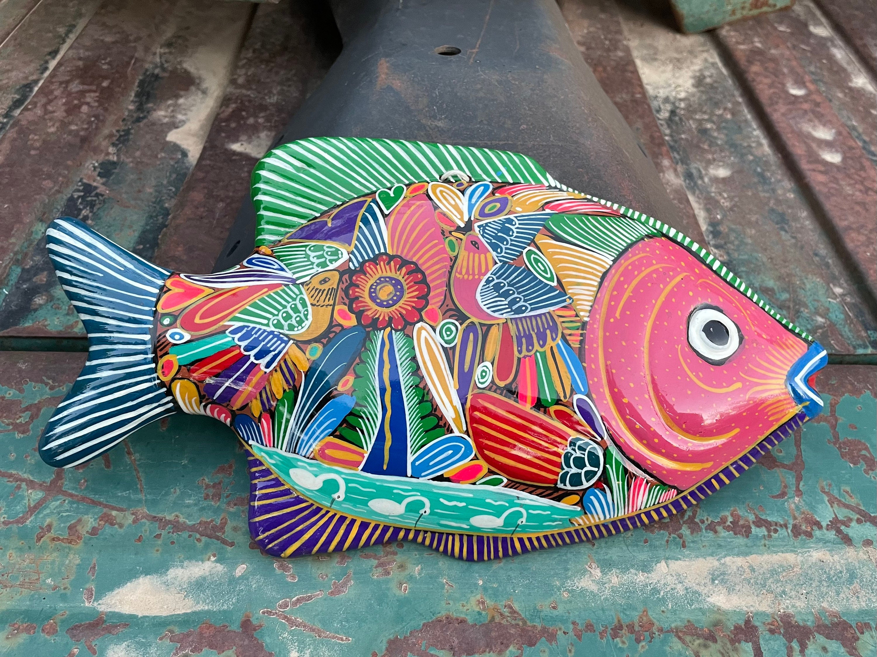 Mexican Folk Art Fish Shaped Wall Hanging, Colorful Pottery for
