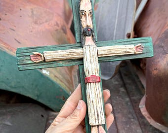 Folk Art Jesus Christ on Cross Wall Crucifix Approx 12" Tall, Vintage Mexican Religious Decor