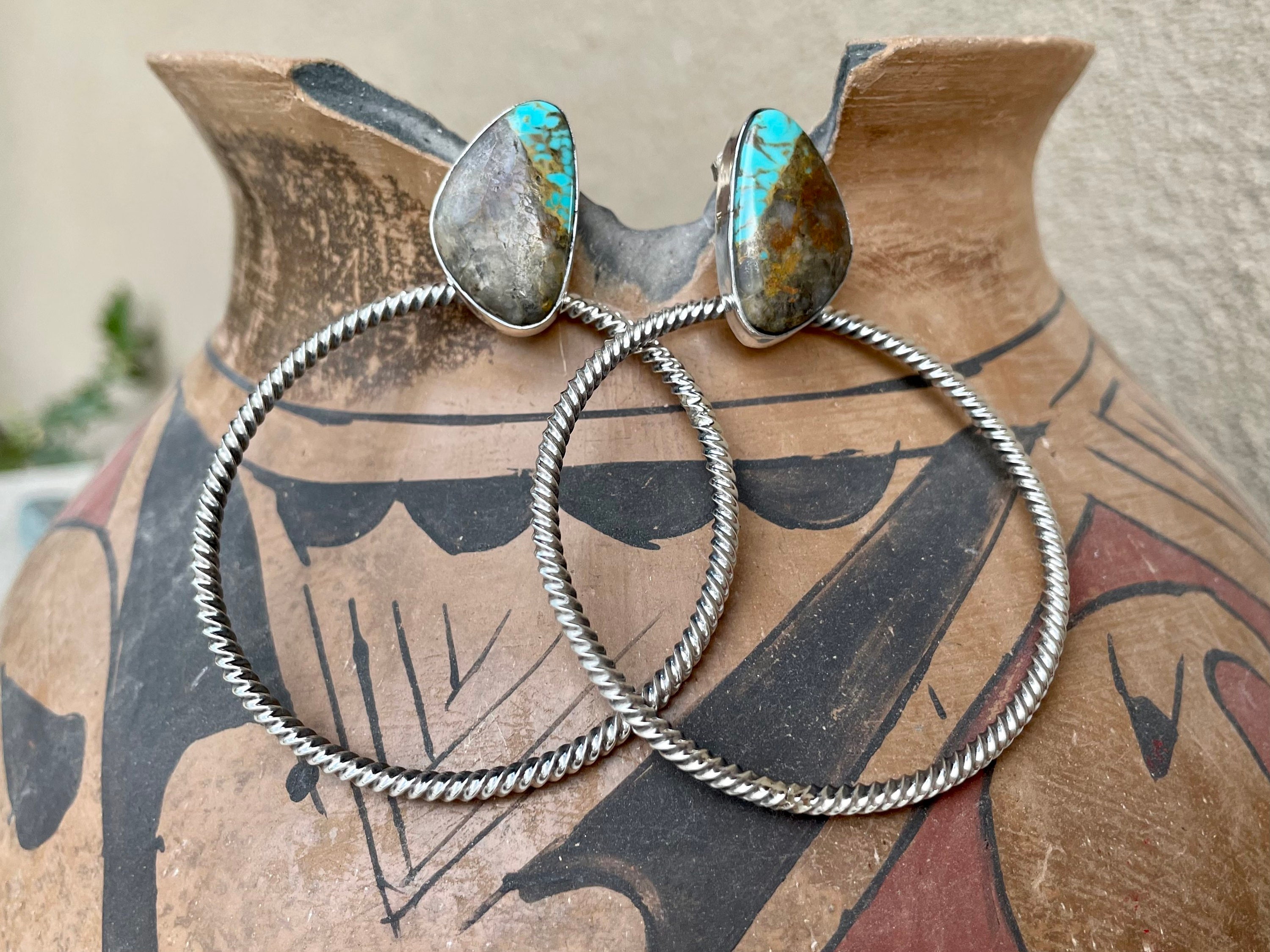 Turquoise Sterling Silver Hoop Earrings for Women, Navajo Native