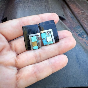 Santo Domingo Black Jet Turquoise Mother of Pearl Silver Inlay Post Earrings