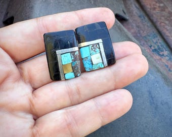 Santo Domingo Black Jet Turquoise Mother of Pearl Silver Inlay Post Earrings