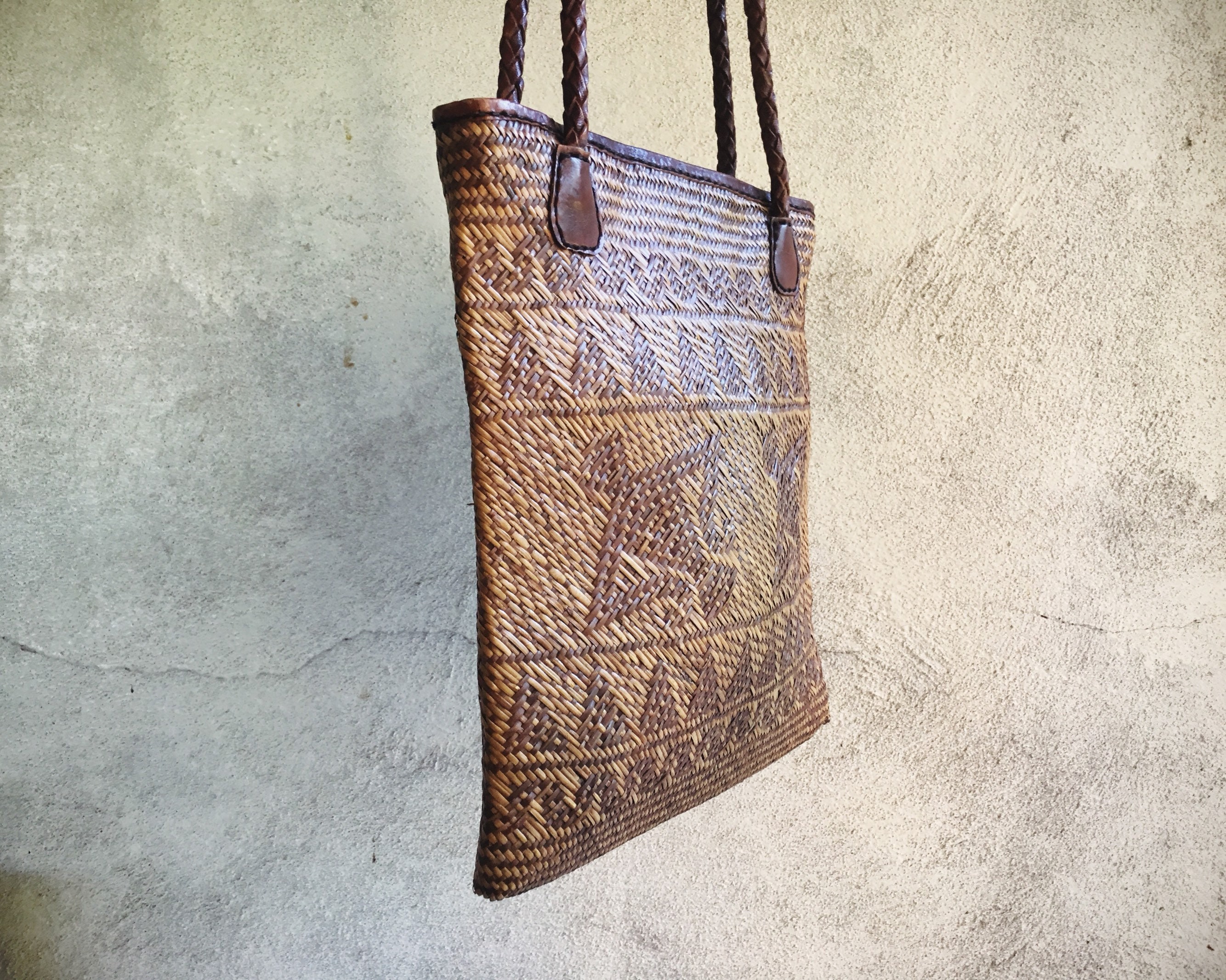 Ethnic Rattan Flat Purse, Hippie Straw and Leather Purse, Gift for