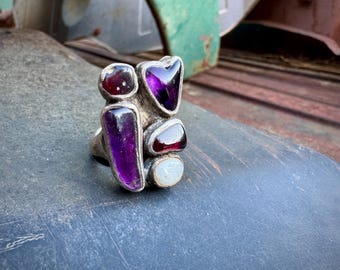 Vintage Sterling Silver Amethyst & White Gemstone Ring Approx Size 6, Heart Shaped Jewelry
