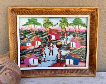 Vintage Haitian Painting Village Scene 16 x 12 in Distressed Wood Frame, Colorful Caribbean Decor