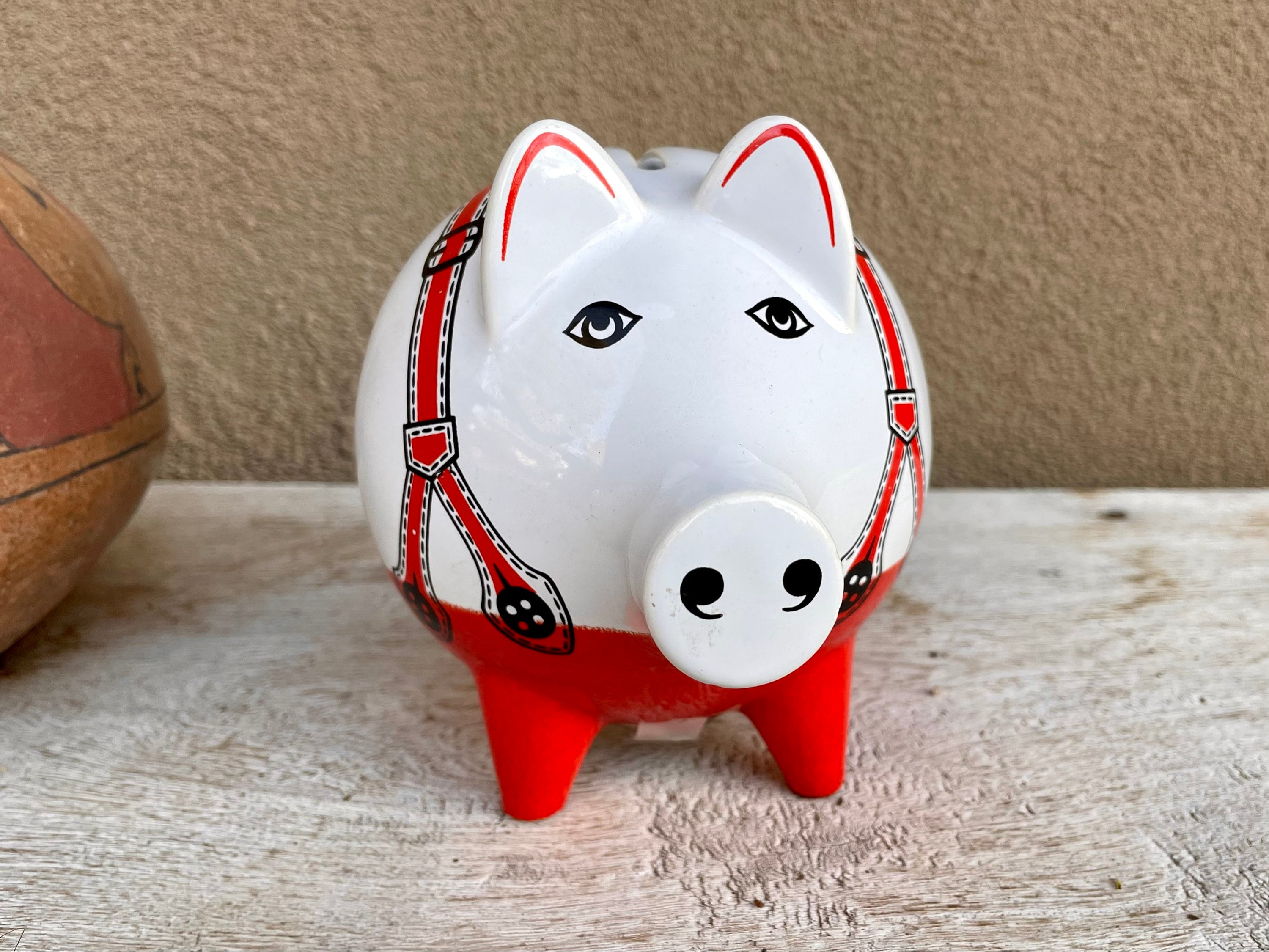 Vintage Waechtersbach Ceramic Piggy Bank w Red Suspenders Has