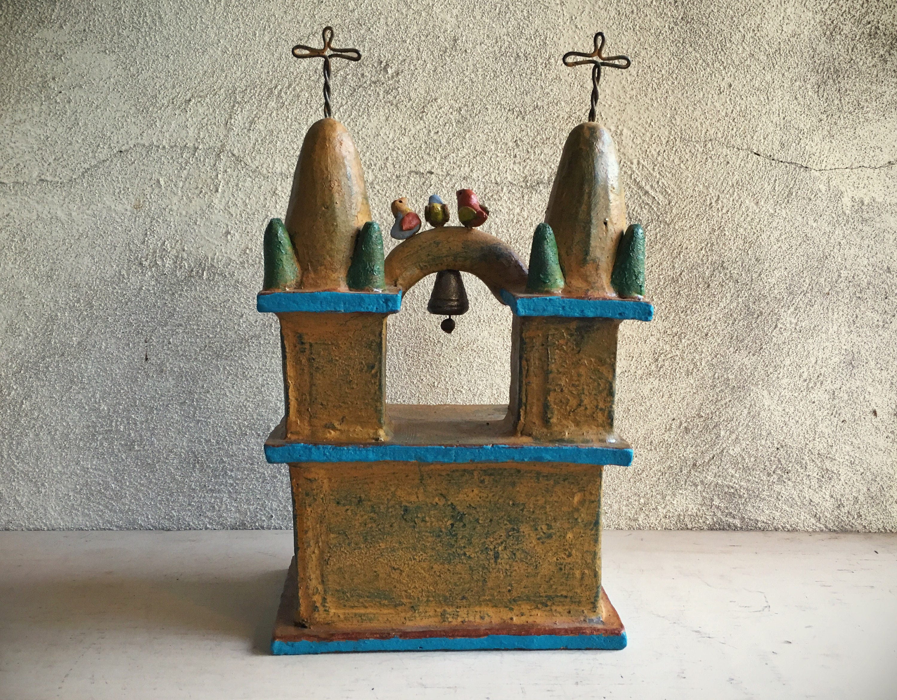 Mexican pottery folk art church with bell and birds primitive