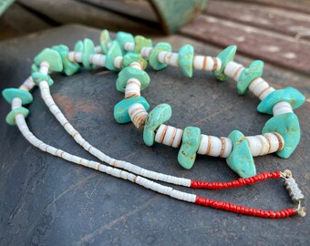 Chunky Turquoise Nugget White Shell Heishi Necklace Unisex, Vintage Native American Jewelry
