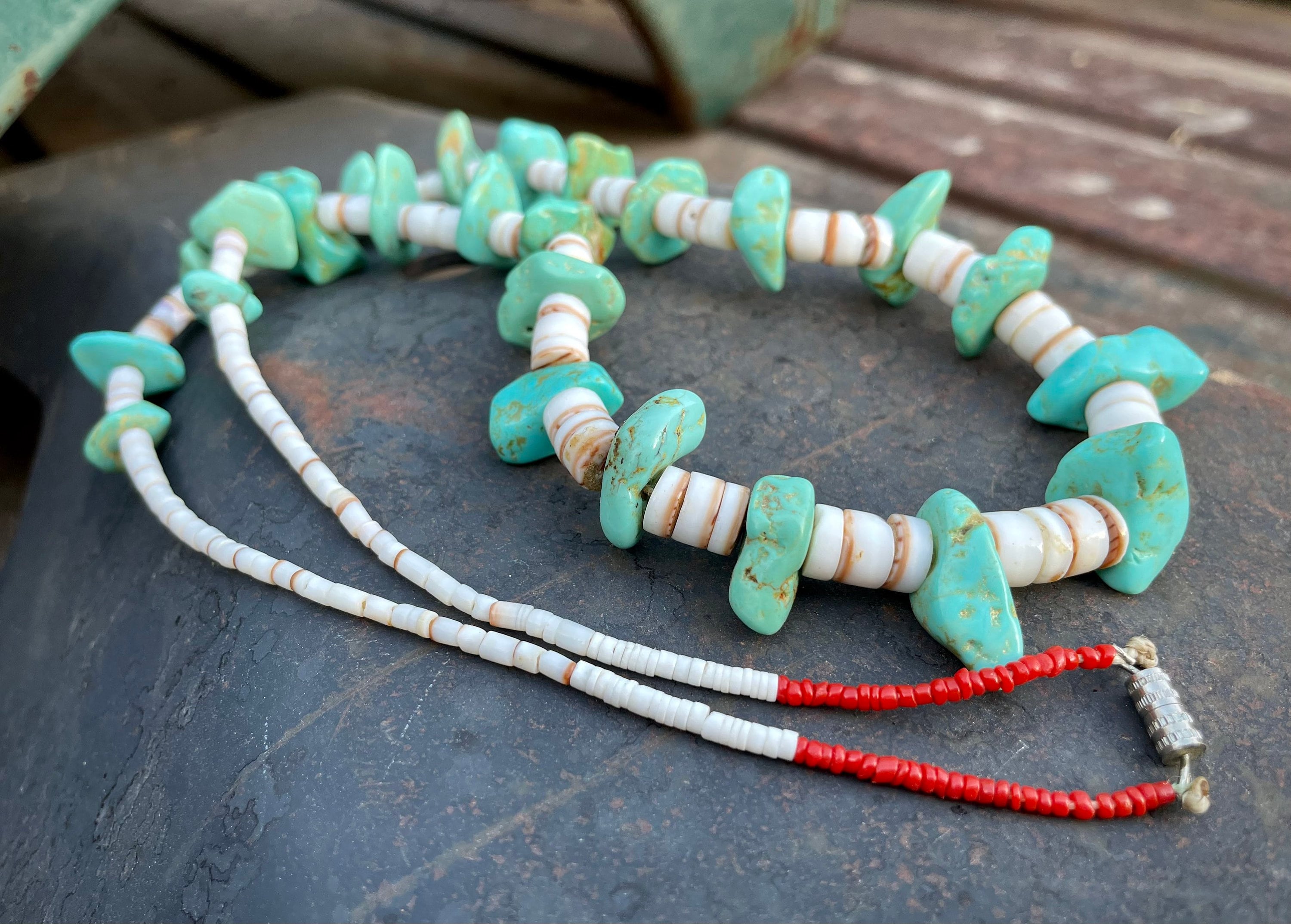 Native American Excellent Vintage Santo Domingo White Shell & Turquoise Necklace Native American Excellent Vintage Santo Domingo White Shell & Turquoise Necklace