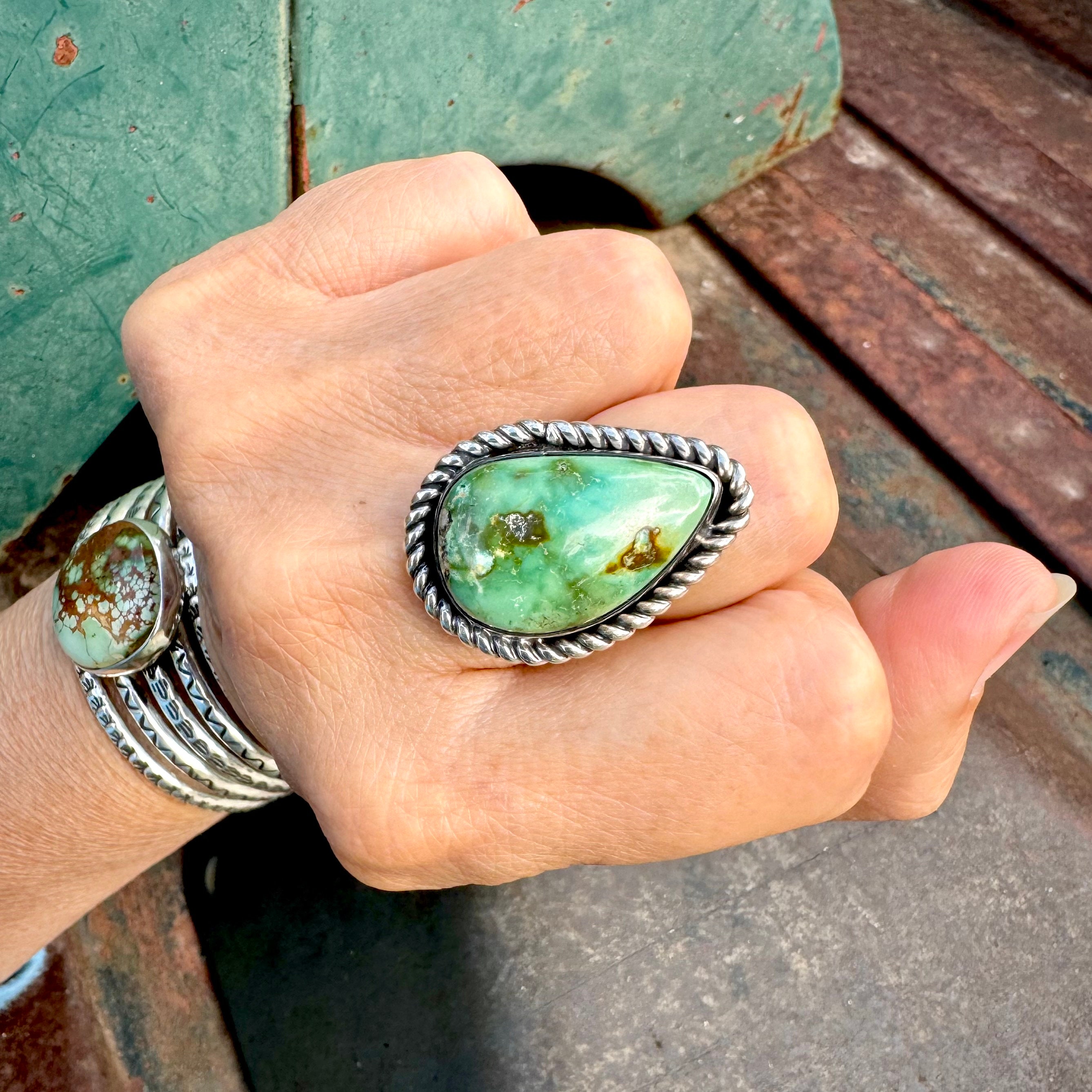 Green Turquoise Ring Size 7.75 Teardrop Shaped and Domed Southwestern Native American