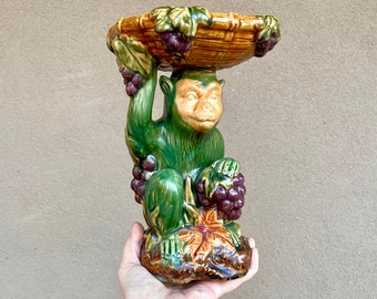 Vintage Majolica Monkey Pedestal Compote, Chimpanzee with Grapes & Basket Dish, Tropical Decor