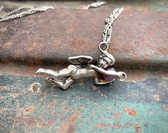 Vintage 925 Sterling Silver Angel Holding Amethyst Orb Pendant, Mother's Day Gift, Cherub Jewelry